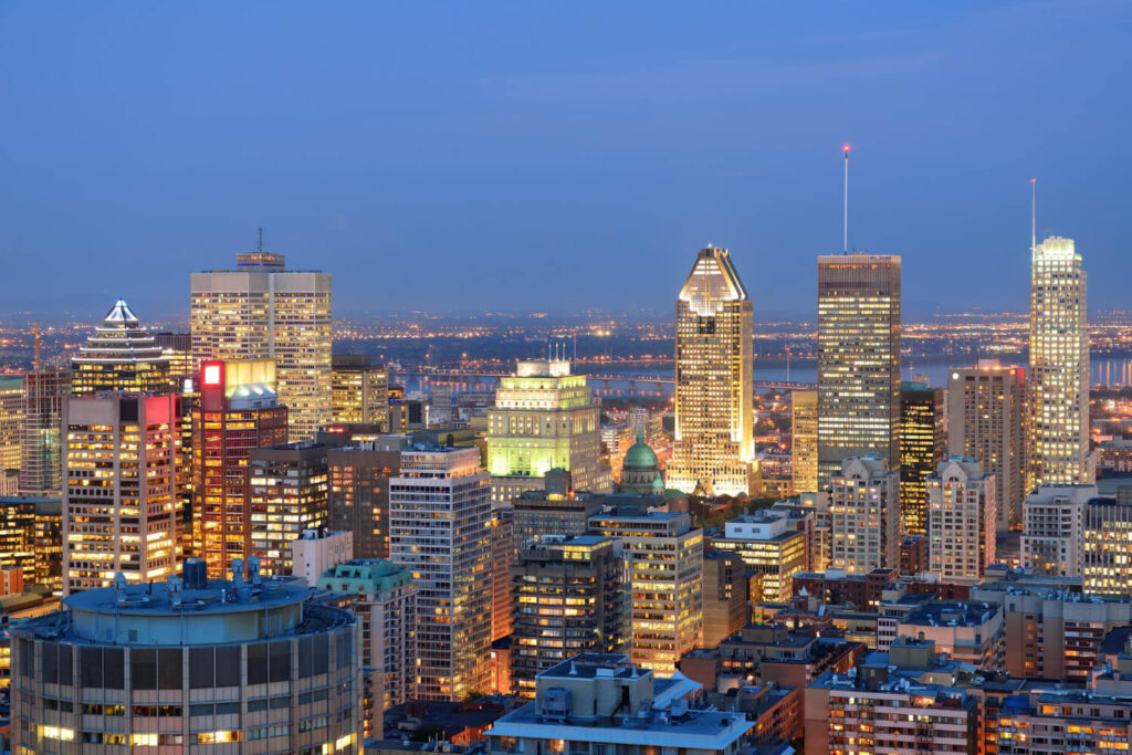 montreal dusk with urban skyscrapers viewed