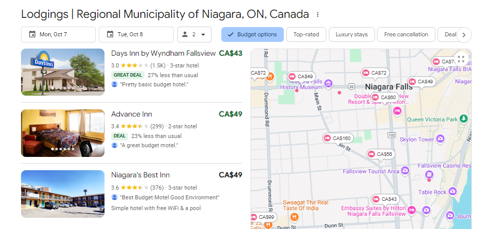 Google map screenshot: Budget friendly lodging for young travelers