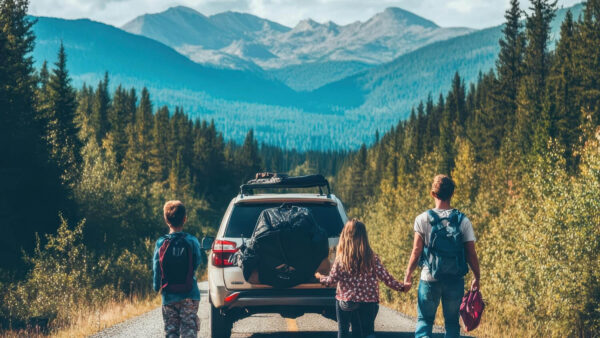 family taking scenic road trip together