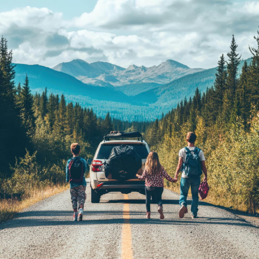 family taking scenic road trip together