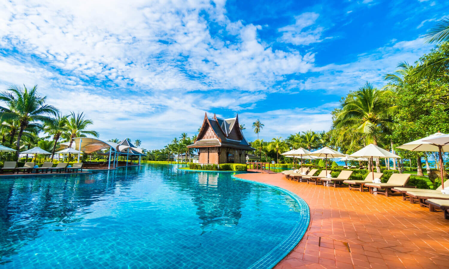 large pool with umbrellas hammocks