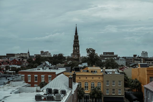 photo of a town with a view of the church tower . Christmas vacation destinations in the US