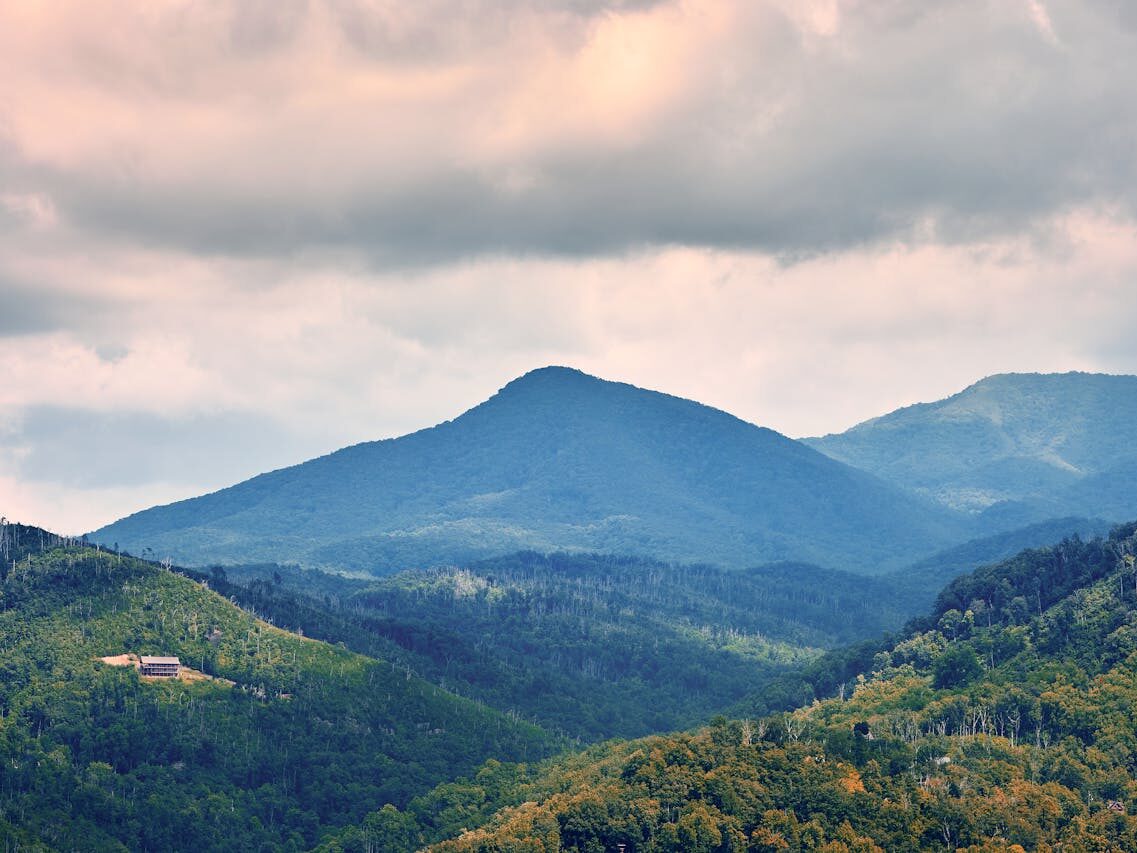 a view of mountains and trees under a cloudy sky